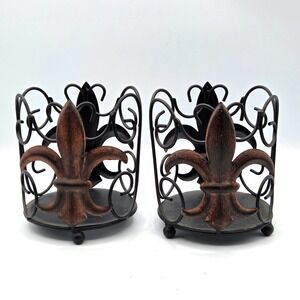 Retro‎ PAIR of Pier 1  METAL Fleur-de-Lis Candle Holders  Hurricane Vase Rustic